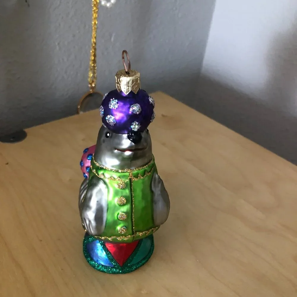 Vintage Circus Seal Hand Blown Glass Christmas Ornament Drum with Ball Poland 6